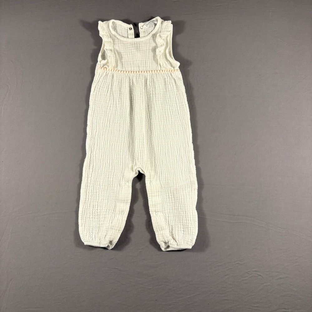 Emily and Oliver Kids White Cotton Muslin Ruffle Pom Pom Jumpsuit 18 Months